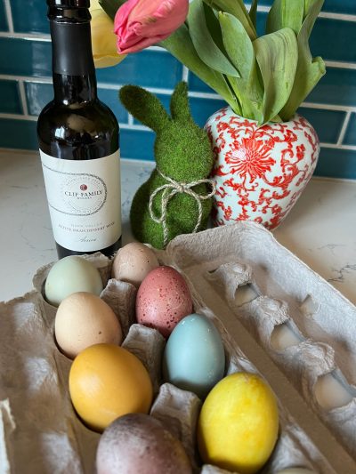 Easter eggs dyed using natural ingredients like red cabbage, turmeric, beets and red wine.